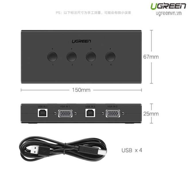 KVM Switch 4 port USB - Thiết bị 4 máy tính dùng 1 màn hình chính hãng Ugreen 50280 cao cấp